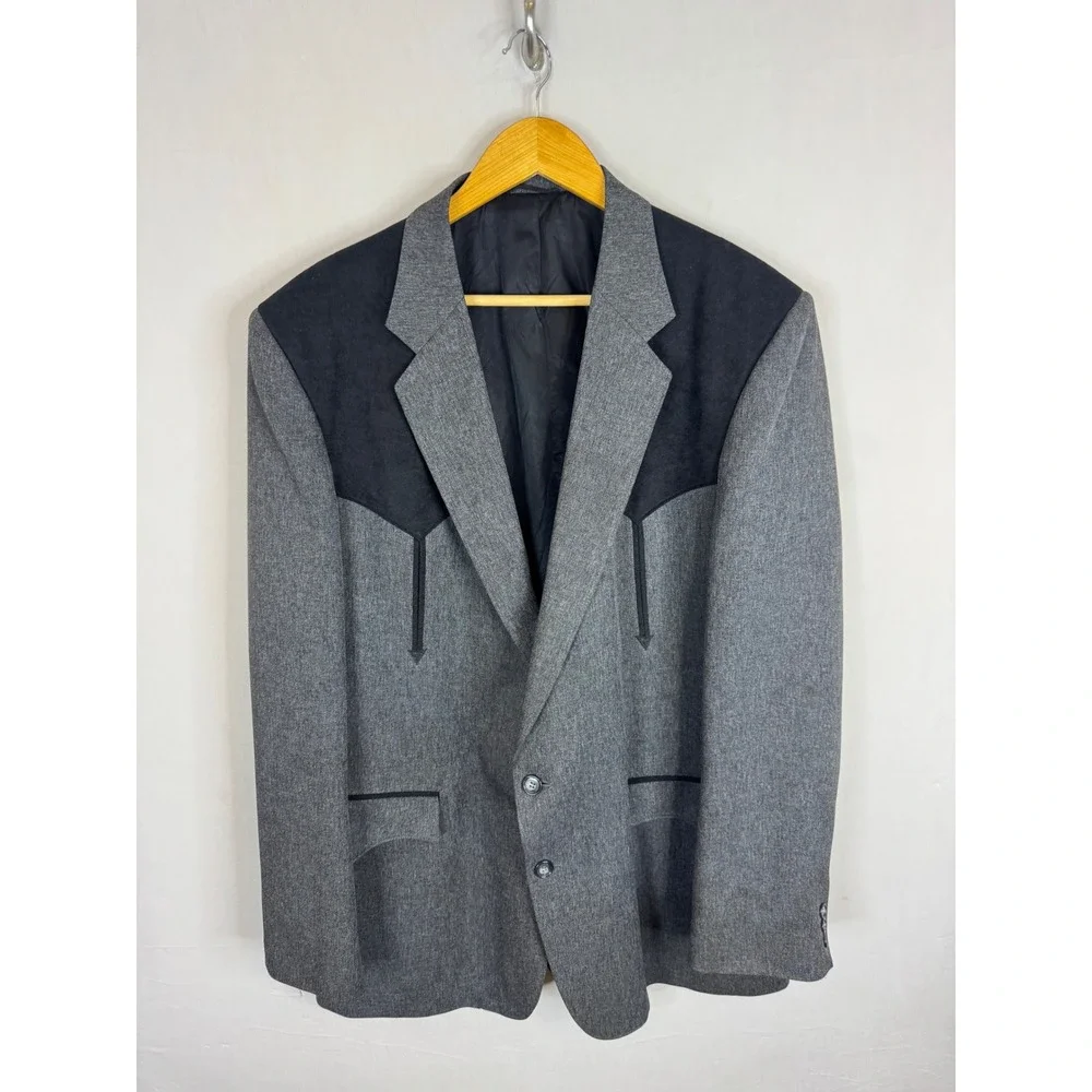 Circle S Dallas Texas Mens Western Blazer Grey Black Yoke Sport Coat 46L USA